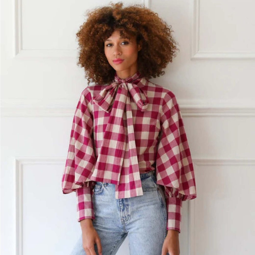 Plaid Bow Tie Blouse - Pink and White